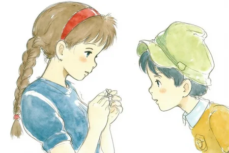hayaomiyazaki2 illustration.
Two children, shown in side profiles, are present. On the left is a young girl, Sheeta, with blue hair in two braids, wearing a red headband and blue dress, holding up a pendant with her hand. On the right is a young boy, Pazu, wearing a green hat and yellow shirt, observing the pendant the girl is holding. <lora:hayaomiyazaki2_cap_d8a4:1.0><lora:861021705160634110:0>