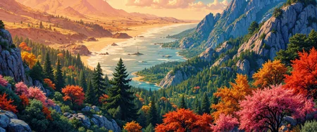 A sweeping aerial panorama, vibrant biomes collage, lush forest textures, arid desert dunes, rugged mountain ranges, dynamic coastal shoreline, intricate natural gradients, detailed petal close-ups, expansive birdâs-eye view, intimate eye-level composition, dramatic low-angle perspective, fluid tracking shot, majestic lighting, soft sunbeams, deep shadows, 8k resolution, masterpiece quality, hyper-detailed textures, vibrant hues, rich spatial composition, atmospheric natural wonder <lora:ck-shadow-circuit-000021:0.4> <lora:RetroAnimeFluxV1:0.6> <lora:flux_dev:1>