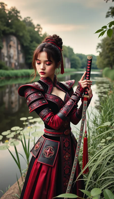 Image of a young woman dressed in a traditional martial arts-inspired outfit, featuring a striking combination of deep red and black colors with intricate details like leather-like shoulder and arm guards, holding a beautifully crafted sword with ornate decorations, standing gracefully in a serene outdoor setting surrounded by lush green foliage, tall trees, and a tranquil lake in the background, giving off a calm yet powerful and determined demeanor.