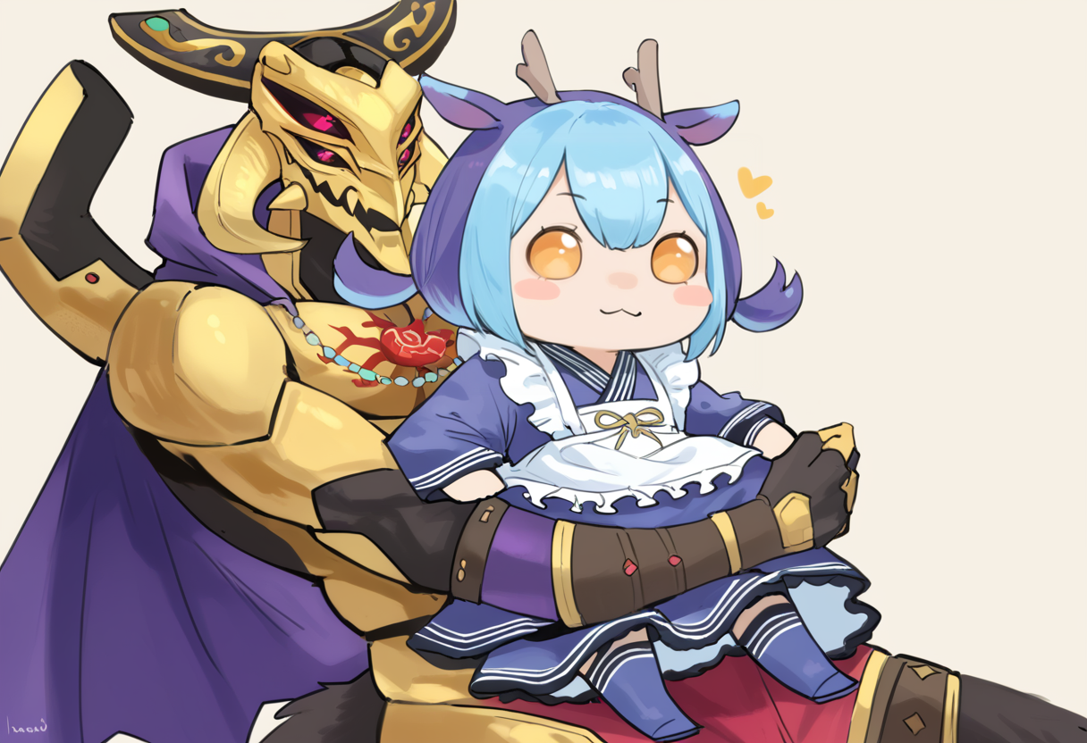 (score_9:0.9),score_8_up,score_7_up,rating_explicit,realistic,(zPDXL),<lora:eldlich the golden lord ponyXL v3:0.83>,eldlich the golden lord,fingerless gloves,blue maid outfit,laundry dragonmaid,1girl,blush stickers,chibi,shoulder carry,1boy,sitting on shoulder,