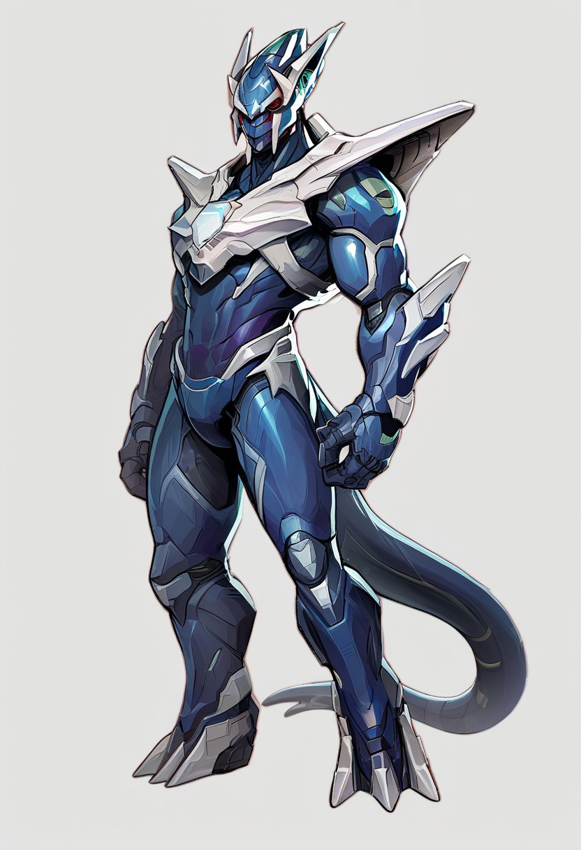score_9, score_8_up, score_7_up, source_marvel, marvelrivals, rivals, cel-shading, realistic, solo, blue robot, male, dialga
(Blue mecha:1.5), blue neonn red eyes, dark sclera, tail
BREAK 
A highly detailed character rendering, depicted in a dynamic pose with a cel-shading style. The character features bold outlines and distinct, flat color regions with no gradient mesh, maintaining separate color blocks. The background is minimalistic, emphasizing the character's striking presence.