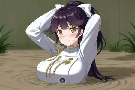 1girl, solo, huge breast, takao, military_uniform, partially_submerged, in mud, flooding up to the chest, upper body, jacuzzi, bathtub, tile wall, hot mud, hot tub, arms up, seductive smile, raised eyebrows, blush, loving aura, arms behind head,
