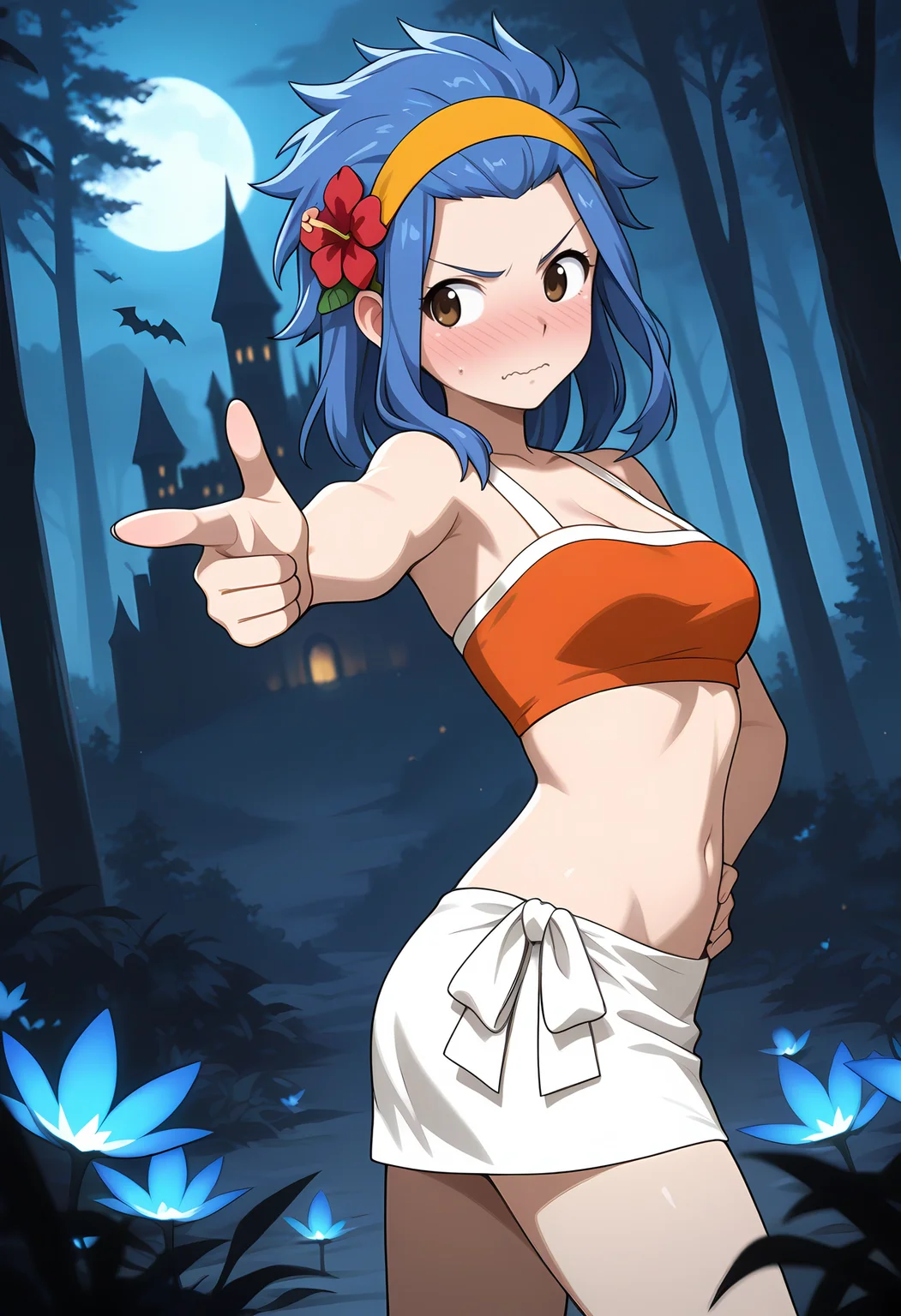 1girl, solo,
<lora:LevyMcGardenSwimsuit_Illu_Dwnsty:0.8>, lvymcgrdswm, brown eyes, blue hair, medium hair, spiked hair, hair slicked back, sidelocks, yellow headband, hair ornament, hair flower, orange crop top, tankini, midriff, navel, bikini skirt, white skirt, side-tie bikini bottom, v-shaped eyebrows, wavy mouth, nose blush, averting eyes, closed mouth, sideways glance, twisted torso, hand on hip, looking over shoulder, finger gun,
dark theme, forest, landscape, castle, bat (animal), night, mist, glowing plants, deep blue tones,
medium breasts, detailed face, detailed eyes, cowboy shot, 
masterpiece, absurdres, amazing quality, aesthetic, newest,