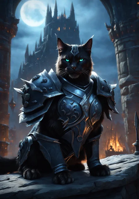 cinewow,deathknight cat,citadel in the background,animal,masterpiece,awardwinning,8k,epic,cinematic,trending on artstation, <lora:cinewow-step00000300:0.9>