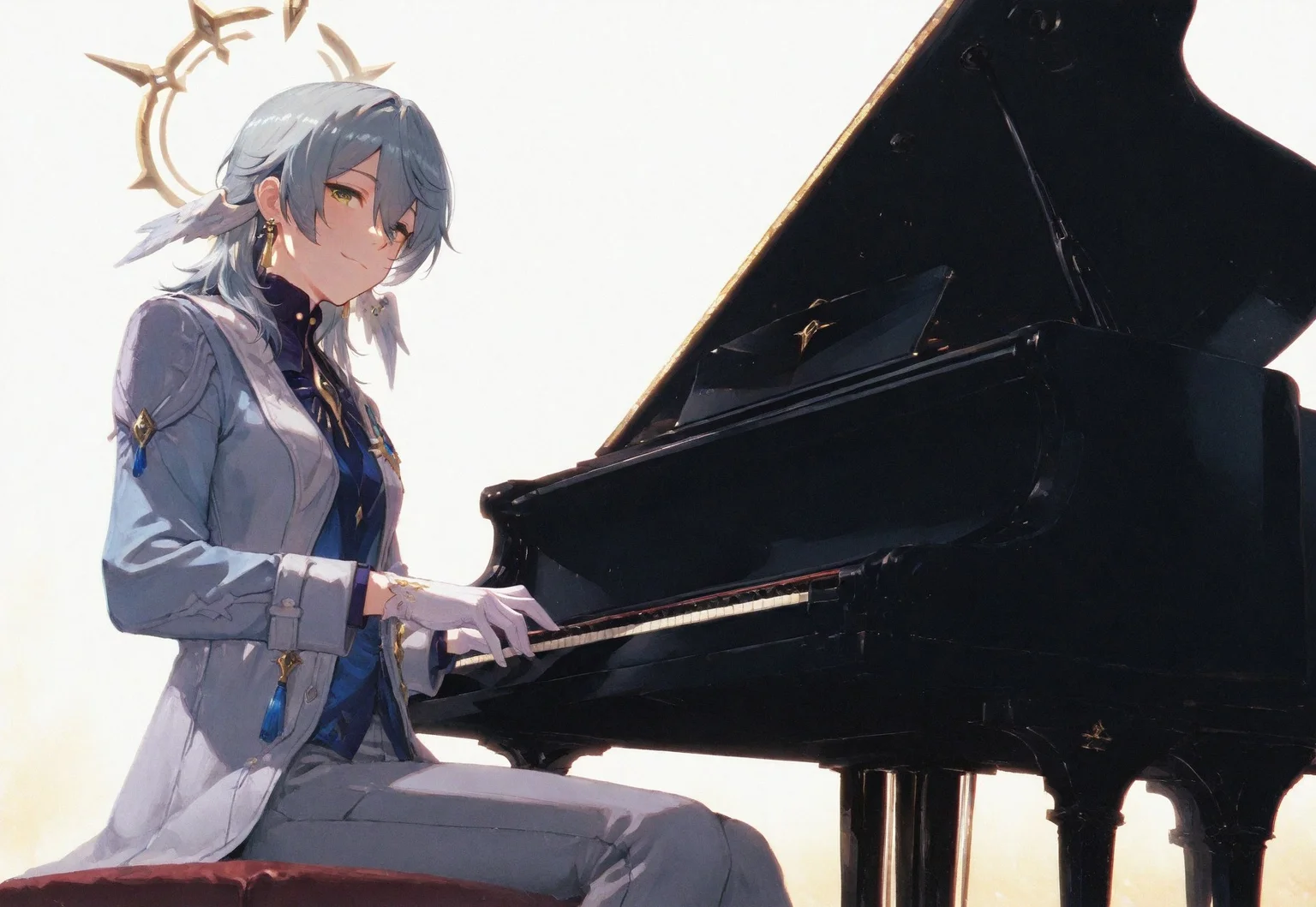 volumetric lighting, ambient occlusion, luminescent background, masterpiece, very awa, simple background,white background,(playing instrument), instrument, piano, sitting, grand piano,low angle, cinematic shot, looking at viewer, gentle smile, cinematic shot
BREAK
honkasund, 1boy, male focus, solo, yellow eyes, grey hair, medium hair, hair between eyes, wings, head wings, halo, jewelry, earrings, shirt, blue shirt, coat, grey coat, long sleeves, brooch, tassel, gloves, white gloves, pants, grey pants,