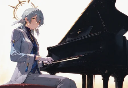 volumetric lighting, ambient occlusion, luminescent background, masterpiece, very awa, simple background,white background,(playing instrument), instrument, piano, sitting, grand piano,low angle, cinematic shot, looking at viewer, gentle smile, cinematic shot
BREAK
honkasund, 1boy, male focus, solo, yellow eyes, grey hair, medium hair, hair between eyes, wings, head wings, halo, jewelry, earrings, shirt, blue shirt, coat, grey coat, long sleeves, brooch, tassel, gloves, white gloves, pants, grey pants, 
