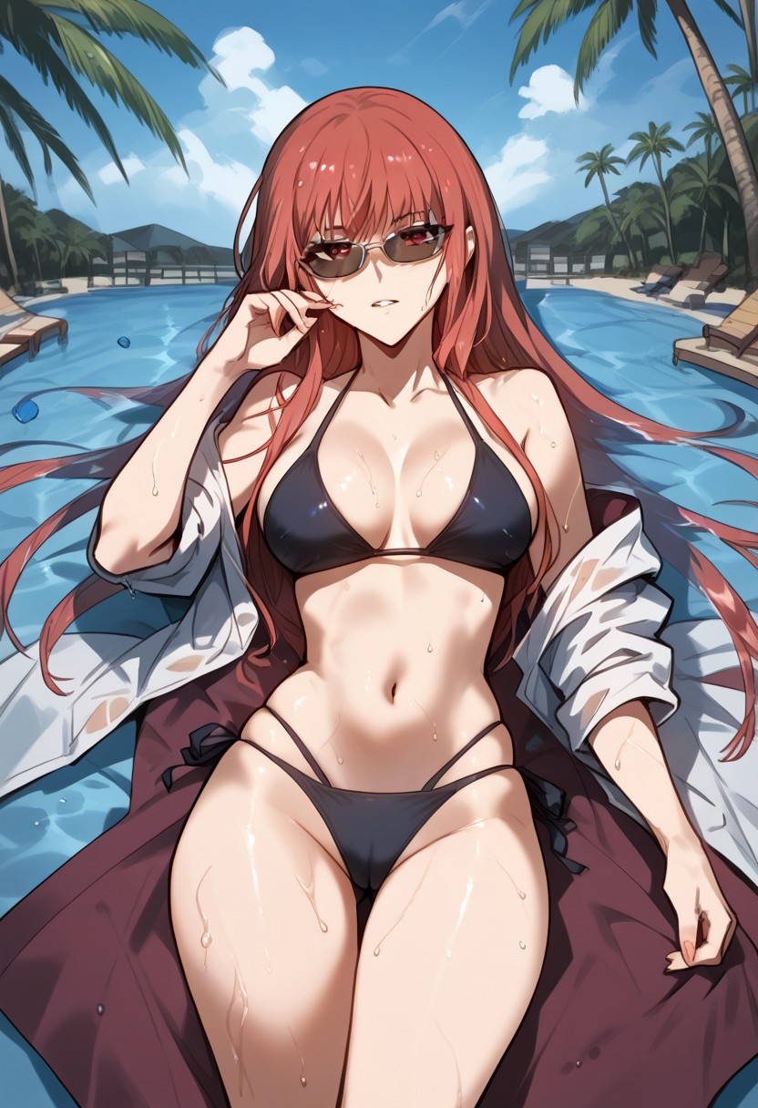 zPDXL3, score_9_up, score_8_up, score_7_up, (Anime_source), 1girl, FengLing, red eyes, orange hair, long hairl, wet, cowboy shot, looking at viewer, parted lips, light blush, palm trees, (bikini, lying on chaise lounge), black theme, sunglasses