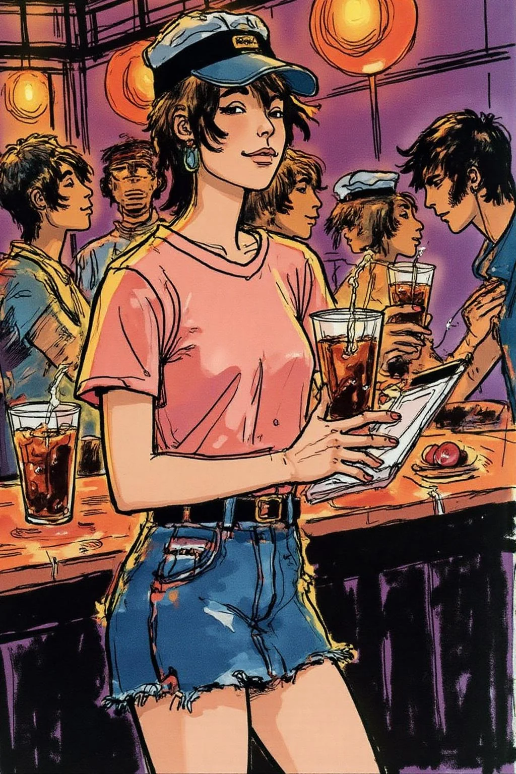 hugop1 illustration.
The air buzzes with the energy of a busy bar, a mix of music, conversation, and the clinking of glasses. A barmaid, the embodiment of youthful vibrancy, navigates the lively scene. She wears a peach-coloured T-shirt, the soft fabric contrasting with the smooth, cold glass of coke she carries on a small tablet. Her short skirt adds a playful touch, and a backwards baseball cap hints at a carefree attitude. The setting and atmosphere are palpable: the warm, slightly sticky surface of the bar counter under her fingertips, the dim, colourful lighting that casts playful shadows. Sensory details are abundant: the condensation forming on the glass of coke, the texture of her denim skirt, and the way the bar lights catch the highlights in her hair. Her confident stride, her quick smile, and her efficient movements. Stylistically, the image draws inspiration from the vibrant, candid shots of nightlife photographers, with a touch of the stylized realism found in contemporary illustration. There's a deliberate contrast between the barmaid's youthful energy and the slightly worn, lived-in atmosphere of the bar, creating a dynamic and engaging image.
<lora:hugop1_cap_d6a3e12:1.0><lora:824403085666460567:0>