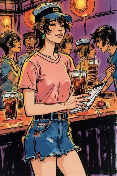 hugop1 illustration.
The air buzzes with the energy of a busy bar, a mix of music, conversation, and the clinking of glasses. A barmaid, the embodiment of youthful vibrancy, navigates the lively scene. She wears a peach-coloured T-shirt, the soft fabric contrasting with the smooth, cold glass of coke she carries on a small tablet. Her short skirt adds a playful touch, and a backwards baseball cap hints at a carefree attitude. The setting and atmosphere are palpable: the warm, slightly sticky surface of the bar counter under her fingertips, the dim, colourful lighting that casts playful shadows. Sensory details are abundant: the condensation forming on the glass of coke, the texture of her denim skirt, and the way the bar lights catch the highlights in her hair. Her confident stride, her quick smile, and her efficient movements. Stylistically, the image draws inspiration from the vibrant, candid shots of nightlife photographers, with a touch of the stylized realism found in contemporary illustration. There's a deliberate contrast between the barmaid's youthful energy and the slightly worn, lived-in atmosphere of the bar, creating a dynamic and engaging image.
<lora:hugop1_cap_d6a3e12:1.0><lora:824403085666460567:0>
