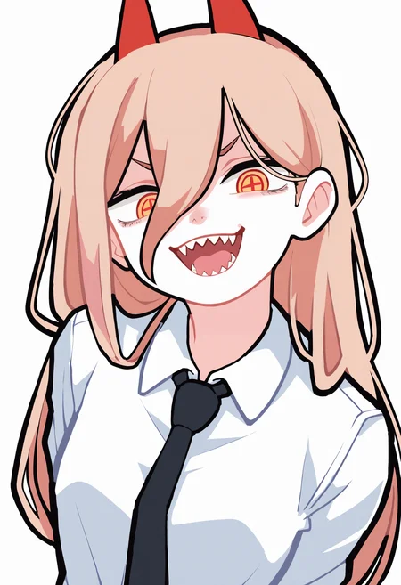 best quality, amazing quality, very aesthetic, absurdres,
BREAK
1girl, power \(chainsaw man\), pink hair, blonde hair, red horns, red eyes, cross-shaped pupils, long hair, sharp teeth, hair between eyes, symbol-shaped pupils,
collared shirt, black necktie, long sleeves,
looking at viewer, white shirt, open mouth, arms behind back,
simple background, white background, smile, upper body, <lora:ShoeguyNoob_byKonan:1>