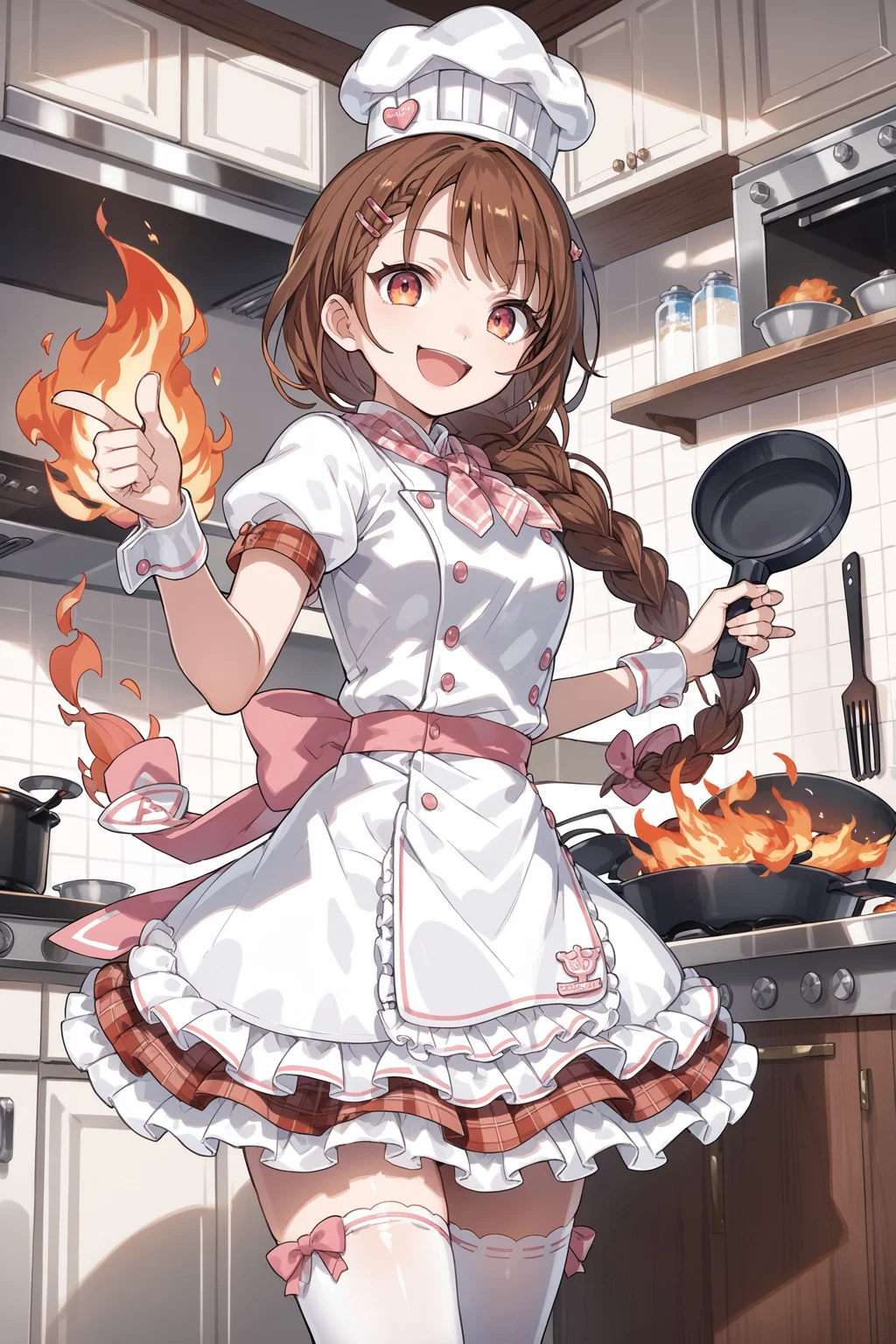 score_max, (score_9, score_8_up, score_7_up:1.2), score_6_up, official art,
masterpiece, absurdres, high detail, 8k,
kitchen gas stove, extreme fire,
standing, holding frying pan, fire, thumbs up, smile, open mouth, :d,
solo, ranun, brown hair, braided ponytail, chef, chef hat, hairclip, neckerchief, plaid, white dress, puffy short sleeves, frills, buttons, double-breasted, pink bow, wrist cuffs, frilled skirt, white thighhighs,
<lora:XL_Pony_gomaotsu-ranun-t1:0.9>