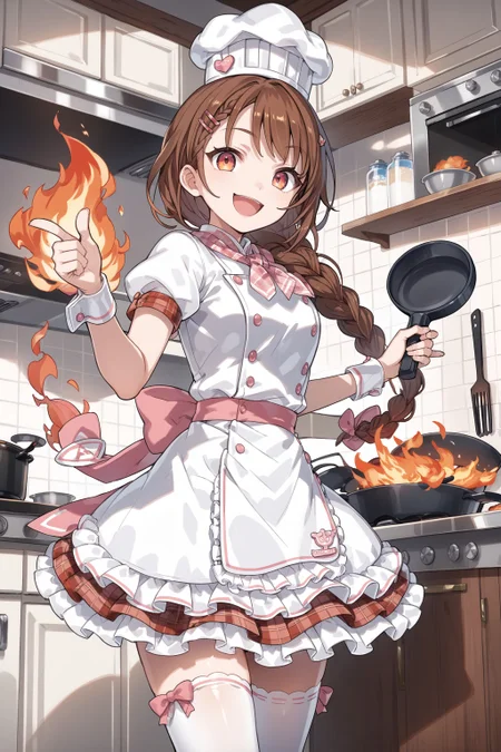 score_max, (score_9, score_8_up, score_7_up:1.2), score_6_up, official art,
masterpiece, absurdres, high detail, 8k,
kitchen gas stove, extreme fire,
standing, holding frying pan, fire, thumbs up, smile, open mouth, :d,
solo, ranun, brown hair, braided ponytail, chef, chef hat, hairclip, neckerchief, plaid, white dress, puffy short sleeves, frills, buttons, double-breasted, pink bow, wrist cuffs, frilled skirt, white thighhighs,
<lora:XL_Pony_gomaotsu-ranun-t1:0.9>