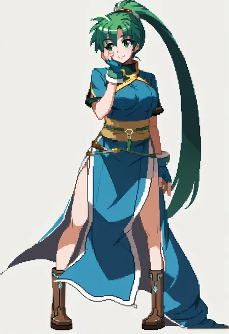 score_9, score_8_up, score_7_up, source_anime, BREAK, solo, 1girl, smile, looking at viewer, <lora:Under-Night-In-Birth-SpritesV2-pdxl_Fp:1>, simple background, full body, standing, <lora:lyn-pdxl-nvwls-v1:0.9>, defLyn, green hair, high ponytail, blue dress, short sleeves, sash, side slit, fingerless gloves, brown boots, large breasts, hand on own face,