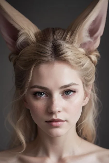 swedish girl, laying, crawling, brunette, albino, eyes close-up, looking up, portrait, white loose summer dress, selfie, big hair, long messy white wavy hair, huge very long silky fennec ears, animal ear fluff, fox tail, depth of field, big ice color eyes with long white eyelashes, white eyebrows, round rich big parted lips, very strong freckles, curious, outside, sun from the side, rim light, extreme detail, very sharp, hyper realistic