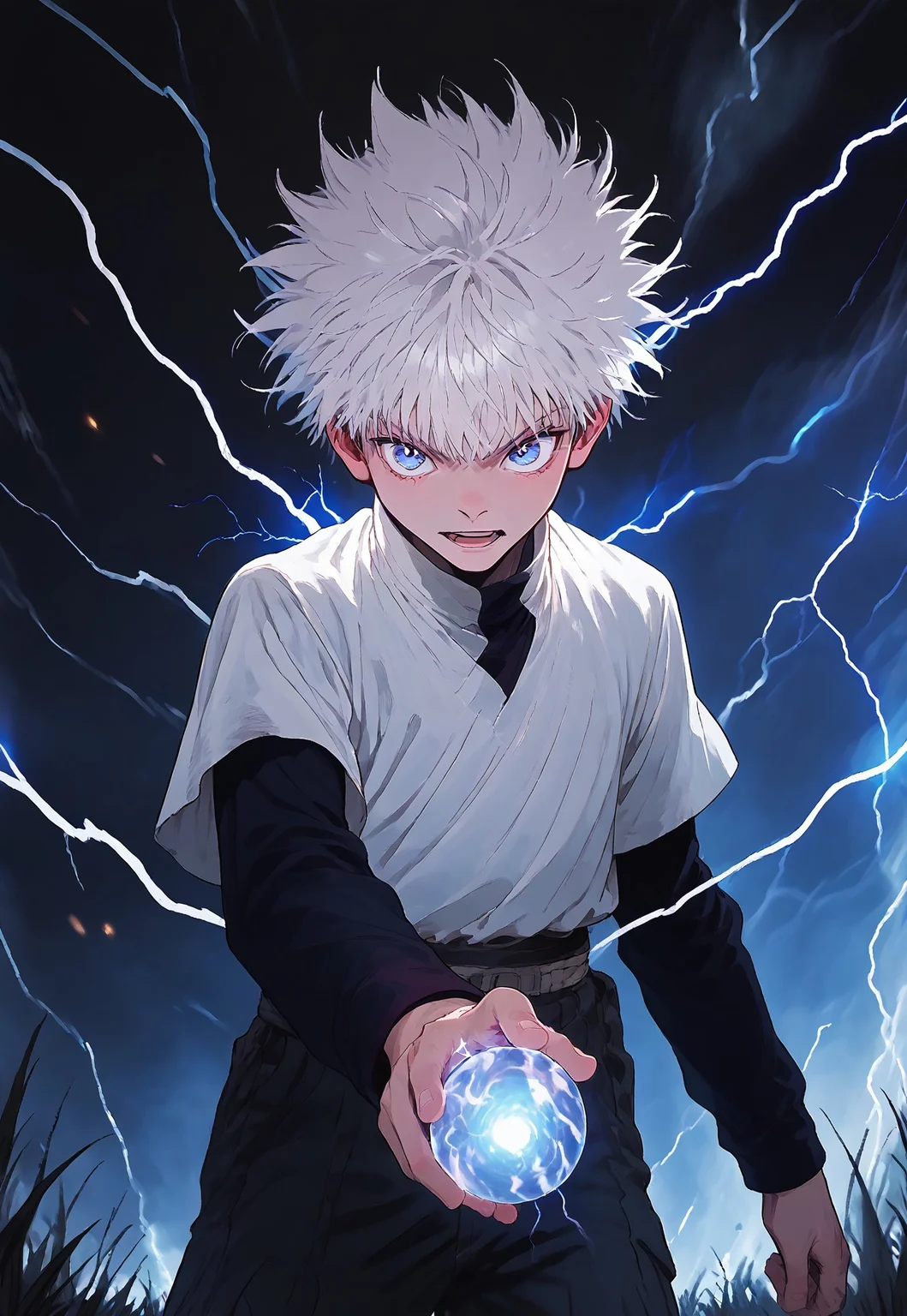 score_9_up, score_8_up, score_7_up,anime source,(realism:0.8) , best quality, lots of details, clear outline,
, 1boy, solo, 18yo, bishounen, emaciate physique , ,handsome:1.3,male focus, thin body,,blue eyestsurime,detailed eyes,male eyes, suspicious expression,light smile,opened mouth , detailed face,colorful,
killuazoldick, 1boy, solo, male focus, shorts, white hair, blue eyes, shirt, long sleeves, layered sleeves, mage cloak,skirt,
Ligmagmb, electricity, lightning, glowing,Lighting magic ball on hands,
perfect shooting angle,
outdoor , grass, many
mushrooms, magic bottles,
great anatomy,