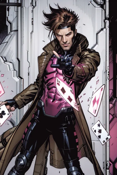 <lora:Remy_Lebeau:1> gambit, black gloves, gambit, gloves, rugged handsome, grin, open coat, pink glowing eyes, playing card, remy lebeau, science fiction, simple background, weapon, white background, <lora:Blame!:1> blam