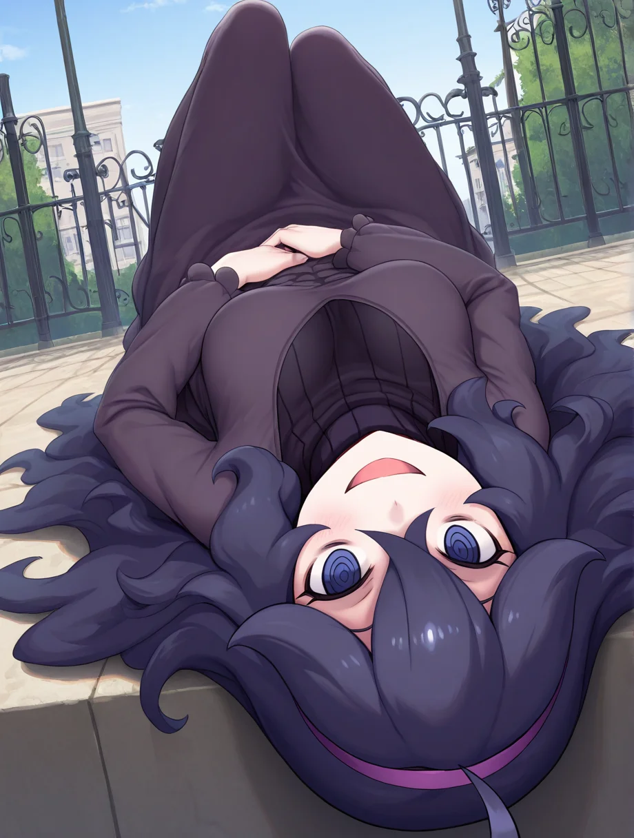 high quality, best quality, masterpiece, highres, very aesthetic, absurdres, detailed hair, <lora:NSFWFilter_illusXL_Incrs_v1:-.5>, lying, on back, <lora:Head_over_edge_epoch_3_IL:1>, headoveredge, from below, foreshortening, cleavage
, Hex Maniac \(Pokemon\), very long hair, black hair, ahoge, purple hairband, blue eyes, @, petite, small breasts, smiling, open mouth
, outdoors, horizon, at a school, building, gate, fence, morning