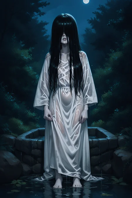 score_9, score_8_up, score_7_up, score_6_up, source_anime, <lora:yamamura sadako-PonyXL-lora-Faxtron:1> yamamura sadako, hair over eyes, black hair, long hair, pale skin, white dress, wet clothes, barefoot, horror \(theme\), night,