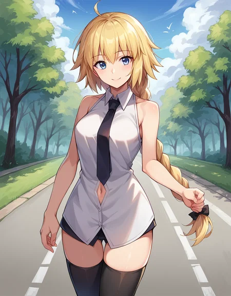score_9, score_8_up, score_7_up, source_anime,
jeannedarc, <lora:jeanne-darc-ponyxl-lora-nochekaiser:1>,
jeanne darc, blonde hair, blue eyes, long hair, smile,
bare shoulders, black necktie, black thighhighs, braid, long braid, miniskirt, navel, necktie, shirt, single braid, sleeveless, sleeveless shirt, thighhighs, white shirt,
outdoors, dessert, road,
looking at viewer, dutch angle, cowboy shot,
