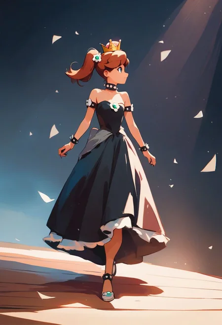 score_9, score_8_up, score_7_up, score_6_up, best quality, highres, source_anime, (cute doodle), solo, black backgruond, light, (Princess daisy), young, sexy, stage, fashion day, catwalk, walking, elegant, (bowsette dress)