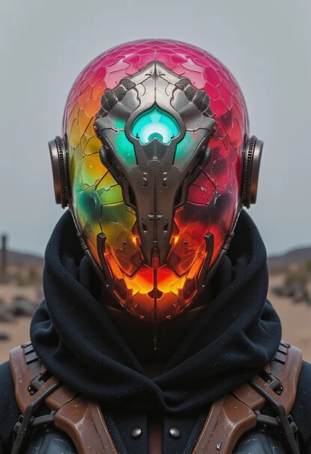 An extreme macro close-up of a translucent robotic head resembling a serpent, its hollow, glass-like surface revealing the decayed remnants of its inner mechanisms. The lifelike scales, once vibrant, now shift with eerie, fading neon tones of pink, red, yellow, and green, bleeding into one another like the last embers of a dying machine. Subsurface scattering (SSS) effects illuminate fractured wiring beneath the surface, glowing faintly with irregular pulses, as if struggling to cling to life.
The lighting is dim and cold, with harsh backlight casting long shadows through the translucent material, emphasizing the cracks and imperfections in its once-flawless design. The shallow depth of field blurs the desolate backdrop, littered with rusted metal fragments and faintly glowing debris, adding to the sense of abandonment.
The robotic head is crowned with a weathered metal hood, its surface pitted and scarred as if corroded by years of acid rain. A central circular aperture, cracked and flickering with an unstable turquoise light, dominates the frame. Etched into the hood are intricate filigree patterns, their coppery glow dim and irregular, like the fading heartbeat of an ancient, forgotten machine. These shifting patterns pulse faintly, evoking an organic-mechanical aesthetic—a haunting relic of a future consumed by entropy. in the style of ck-ncr,