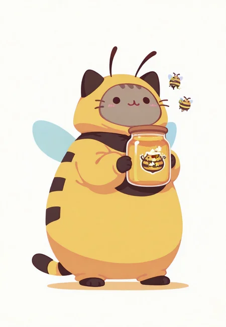 1 cat , Pusheen, bumblebee costume , honey jar , hand in honey jar , cute , happy , bee antenna , bee wings ,
masterpiece, best quality ,amazing quality ,haiz_ai , no lineart ,no outline, vfaix,
