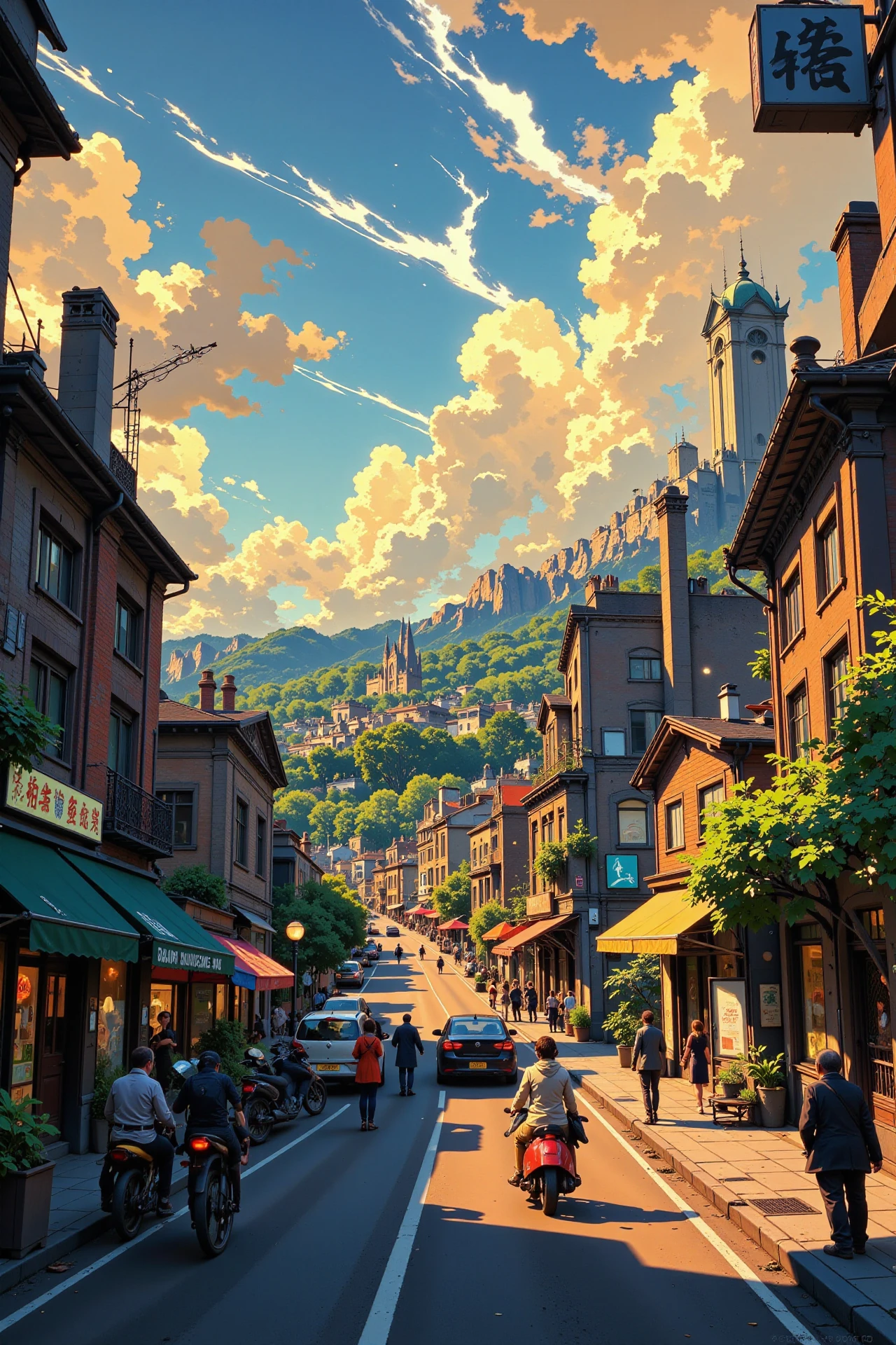 busy street beautiful  landscape, cloudy sky, woman, very intricate, very detailed, sharp, bright, colorful, <lora:Hand v2:0.5> <lora:Anti-Blur:1><lora:Insane Detail Slider:0.25>  <lora:flux.1_lora_flyway_Epic-detail_v2:0.3> <lora:fluxenhancer:0.25> <lora:ROWER:0.8> <lora:Anime art - Variant 3:0.6> Anime art