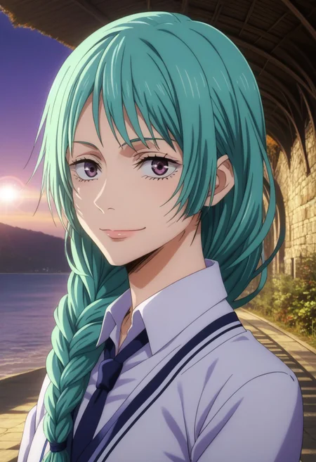 score_9, score_8_up, score_7_up, source_anime, intricate details, anime screencap, perfect balance, official art, extremely detailed CG unity 8k wallpaper, perfect lighting, Colorful, Warm_Front_face_Lighting, (masterpiece:1.0),(best_quality:1.0), ultra high res,4K,ultra-detailed, photography, 8K, HDR, highres, absurdres:1.2, Kodak portra 400, blurry background, bokeh, lens flare, (Anime) (vibrant_color:1.2), professional photograph, night, (good_face:1.2), 2d, anime, upper body, intricate iris, American, 1960s, 1970s, Professional character design, 1girl, female focus, (vibrant amethyst purple eyes), perfect eyes, (bright green-teal hair), (Long Silky smooth hair), (pretty hair), (beautiful hair), (wavy bangs), braided hair, preppy, white dress shirt, youthful, feminine, sultry, solo, jujutsu_kaisen_style, character portrait, (perfect-lighting, lens flare), face, torso, (Charming) (Beautiful) (Elegant) (Sophisticated smile), feminine, young, (Wealthy, manor, extravagant, ornate embellishments, coastal, shore, cliff), warm sunlight, daylight, (sunlight), (warm lighting), comfortable lighting. turquoise hair, vibrant purple eyes, amethyst eyes, slimes_mjur, wavy hair, soft eyes, sexy eyes, seductive, charming, pretty