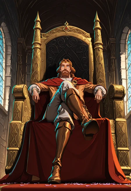 masterpiece, best quality,high quality, newest, highres,absurdres,
 <lora:zayz:1>knyaza, 1boy, male focus, solo, facial hair, mustache, brown hair, cape, beard, blue eyes, circlet, crown, close up, casyle, indoors, gold, 
throne, 1boy, male focus, crown, sitting, cape, solo, red cape,  petals, indoors,  crossed legs, looking at viewer, window, boots, full body, facial hair low angle,   <lora:illustrious_h_v2:1> more sworlds, destoed castle <lora:g1gzagu123:0.6> g1gzagu123_illu <lora:DarkerThanBlackIllustrious:1> dark theme, horror theme