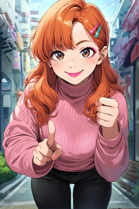 score_9, score_8_up, score_7_up, source_anime, dirty anime style, <lora:Dirty_anime_style:0.9>, 1girl, ginger hair, long hair with hairclip, big eyes, brown eyes, freckles, pink lipstick, pink eyeliner with glitter BREAK (pink silk turtleneck, long sleeves, black wide-leg pants) BREAK standing, leaning forward, pointing forward, closed mouth, smile, looking at viewer, solo, portrait, outdoors, at night, best quality, high quality