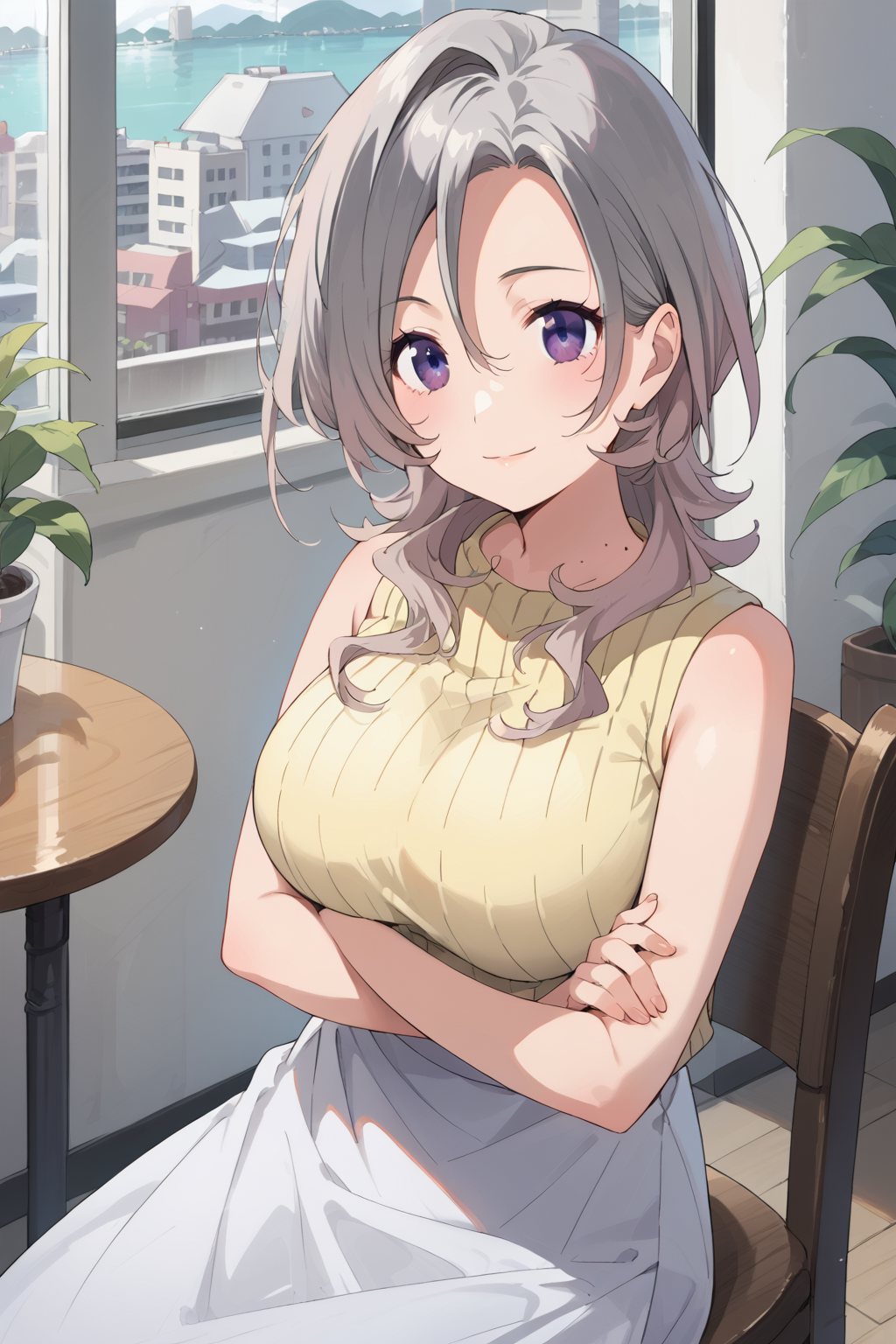 score_9, score_8_up, score_7_up, , source_anime, 1girl,   chiyuhaebaru, grey gradient hair, yellow sweater, white skirt, sleeveless sweater, long skirt,  mole on neck, White hair, purple eyes, ribbed sweater, large breasts, medium hair, smile,  <lora:chiyuhaebaru_pony:1>,  sitting,  chair,