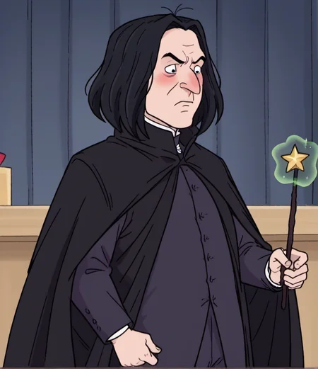 solo, 1boy, hhs1, blush, severus_snape, black hair, hooked nose, black cloak, holding wand, green magic, school, 
<lora:hhs1-000009:1.2>, <lora:Severus_Snape_-_Harry_Potter:0.6>,