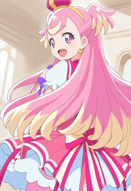 1girl, cure wonderful, wonderful precure!, <lora:wonderfulXLv3:0.7>,long hair, pink hair, multicolored hair, pink eyes, magical girl,
from behind, cowboy shot, looking to the side, grin, in palace, open mouth,
best quality,medium quality,