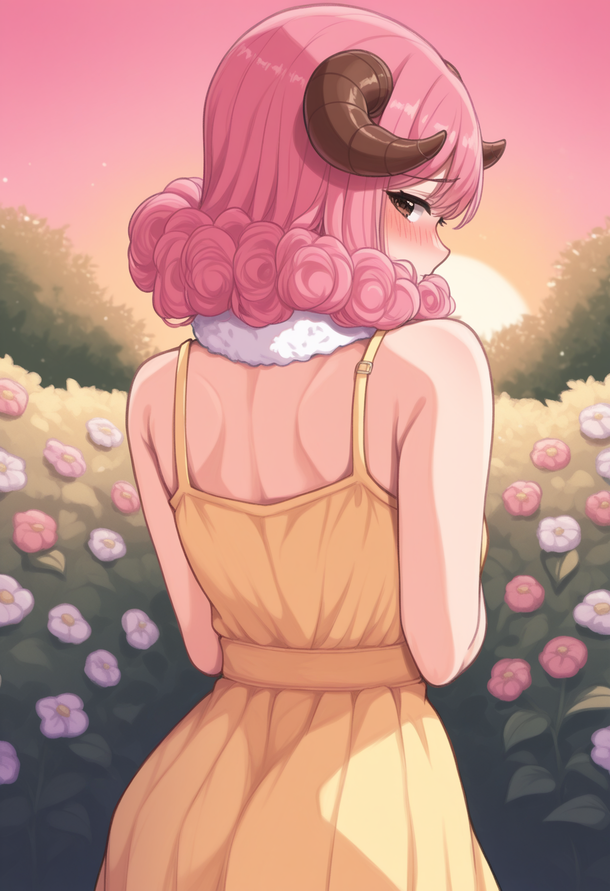 masterpiece, best quality,  <lora:NSAriesFairyTail:1> NSAriesFaiTai, brown eyes, horns, pink hair, medium hair, hair curls, fur collar, white collar, yellow sundress, from behind, looking back, shy, blush, garden, flowers, pink sky, sunset