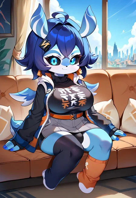 score_9, score_8_up, source_anime, source_furry, full body, 1futa, solo, mature female, curvy, (large breasts:1.5), (large bulge:1.2), (long hair:1.5), (bright blue eyes:1.5), (black sclera:1.5), glowing eyes, (blue nails:1.5), belle, blue hair, hair ornament, belt, black shirt, black thighhighs, clothes writing, earrings, fingerless gloves, gloves, grey shorts, jewelry, long sleeves, orange belt, orange flower, orange socks, shirt, single fingerless glove, single thighhigh, jacket, hoodie, turtleneck, melusine, straight ears, stubby tail, wings, blue skin, crossed bangs, flipped hair, chibi, smile, sitting on couch, sexy pose, seductive look, room, window, curtains, cityscape, blue sky