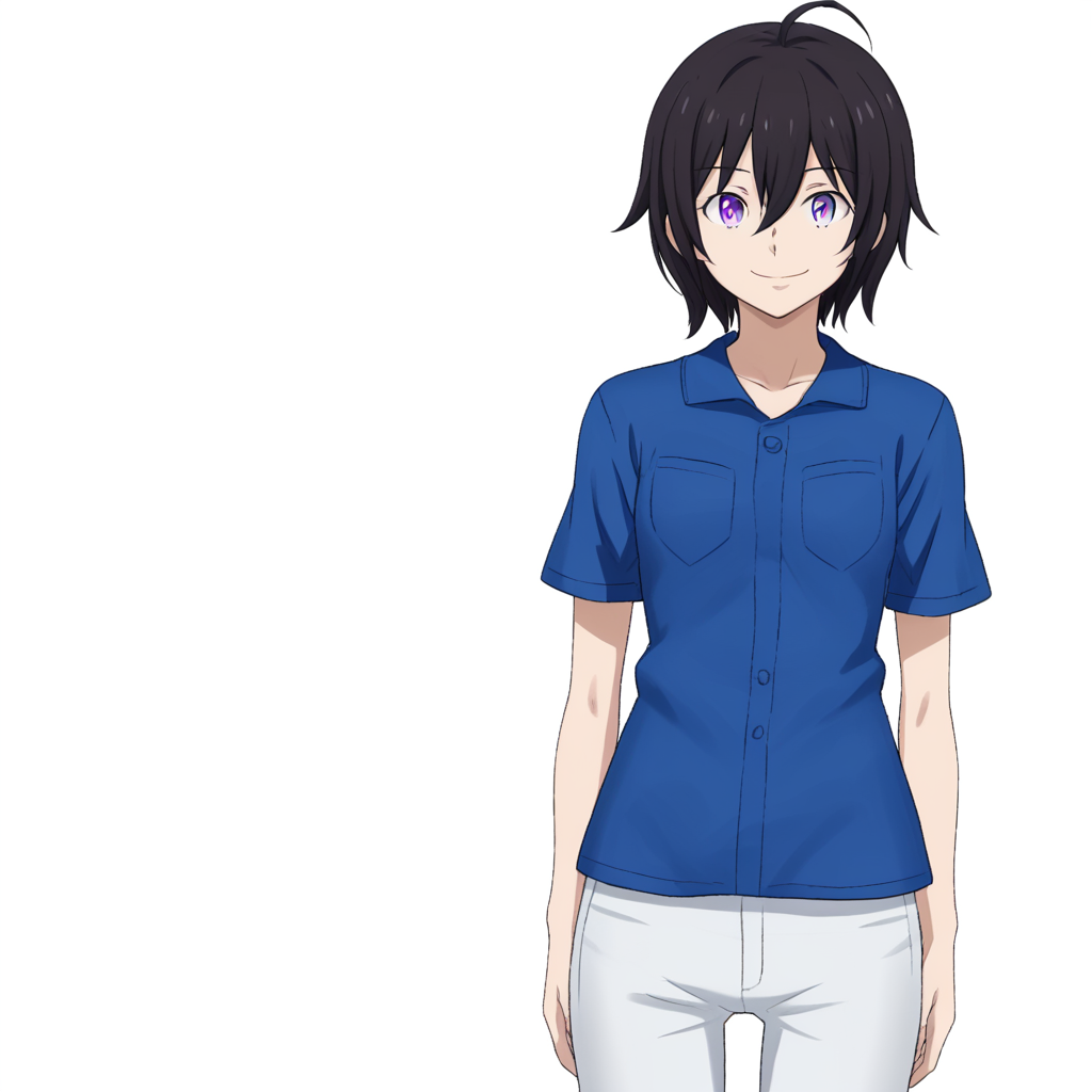 1girl, solo, EAO, purple eyes, short hair, black hair, hair between eyes, ahoge, blue shirt, short sleeves, white pants, smile, standing, white background, simple background, cowboy shot, legs, <lora:Eureka AO v2-000010:0.8>