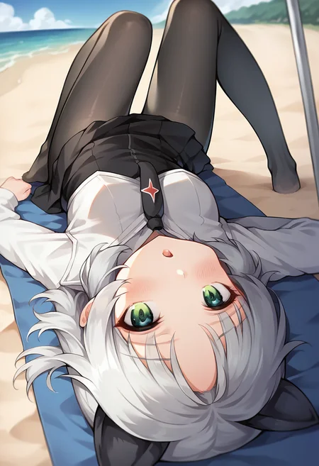 score_9, score_8_up, score_7_up, source_anime, masterpiece, 1girl, ctiansanya, uniform, necktie, strapless vest, long sleeves, black skirt, black pantyhose, beach, outdoors, sunny, ocean, scenery, depth of field, looking at viewer, (lying), on sand, chestnut mouth, close-up, cat ears, cat tail, knees up, <lora:Sanya_updated_ver2_ct:1>