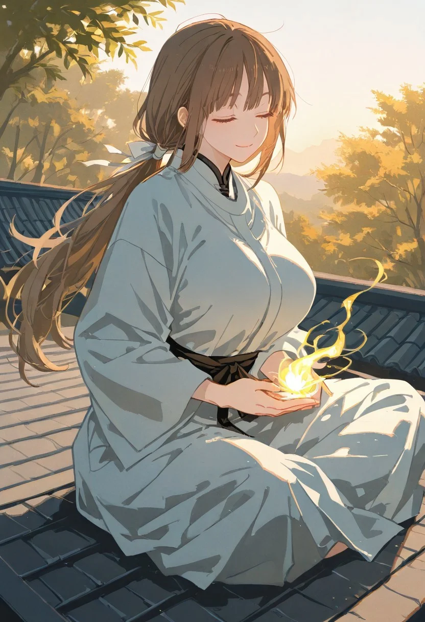 close up, 1girl , solo sexy woman, straight long brown hair, bangs, ponytail, hair swept to one side, perfect face, elegant, refined, big breasts, smile, dynamic pose, volumetric lighting, cinematic lighting, outdoors, sitting on roof, meditation, practicing magic, powerful magic, light blue mana, mana swirls, nature, wind, beautiful lighting, warm sunshine, adult, mature, closed eyes, enjoying sunlight,
very awa, masterpiece, highres, absurdres, Flatline, Flat vector illustration, no lineart, no outline,
<lora:veluflora-wai:0.7> vfaix, <lora:NOOB_vp1_detailer_by_volnovik_v1:0.3>, <lora:noobai_ep11_stabilizer_v0.138_fp16:0.3>, <lora:ponyv6_noobV1_2_adamW:0.3>, <lora:a31_style_koni:0.6>, <lora:ag31_style_ba_v1:0.8>, (jyt:0.75), <lora:96YOTTEA-WAI:0.45>, <lora:checkpoint-e18_s306:1>