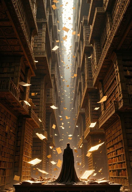 a fantastical library scene. The style is surreal and imaginative, with towering bookshelves that appear to float and extend infinitely upwards. The layout is vertical, emphasizing the height and grandeur of the library. The subject is a lone figure standing on a platform, wearing a long, flowing cloak that billows dramatically. The figure is positioned with their back to the viewer, gazing up at the towering shelves. The scene is filled with flying pages and books, adding a sense of motion and chaos. The color palette is warm, with golden and brown tones dominating, creating a mystical and ancient atmosphere. Light filters through the shelves, casting soft shadows and highlighting the dust particles in the air, enhancing the ethereal quality of the scene.