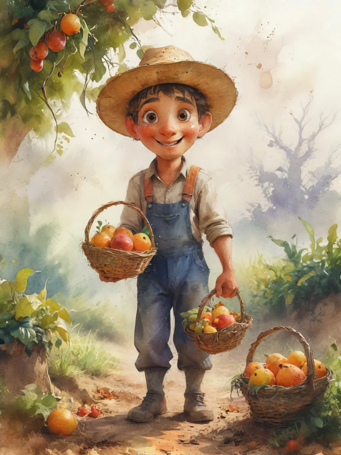 A full bodyA farmer with a fruit basket in his hand-ilustration watercolor cartoon-mysterious -illustration for childrens-whitout background, <lora:Cute_3D_Cartoon:0.8>, <lora:Desolation:0.5>