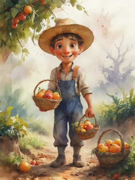 A full bodyA farmer with a fruit basket in his hand-ilustration watercolor cartoon-mysterious -illustration for childrens-whitout background, <lora:Cute_3D_Cartoon:0.8>, <lora:Desolation:0.5>