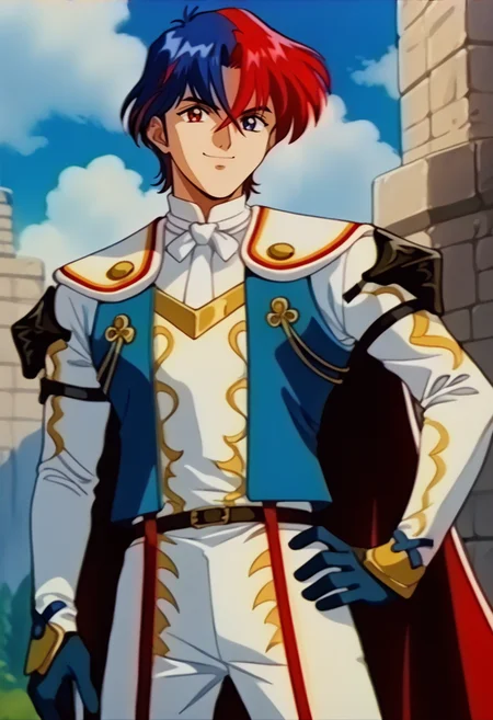 score_9, score_8_up, score_7_up, source_anime, BREAK solo, 1boy, <lora:FeOva-pdxl_Fp-000005:1>, retro artstyle, <lora:AlearM-pdxl:1>, defAlearM, heterochromia, gloves, split-color hair, red hair, blue hair, cape, armor, sky, cloud, smile, looking at viewer, hand on own hip,