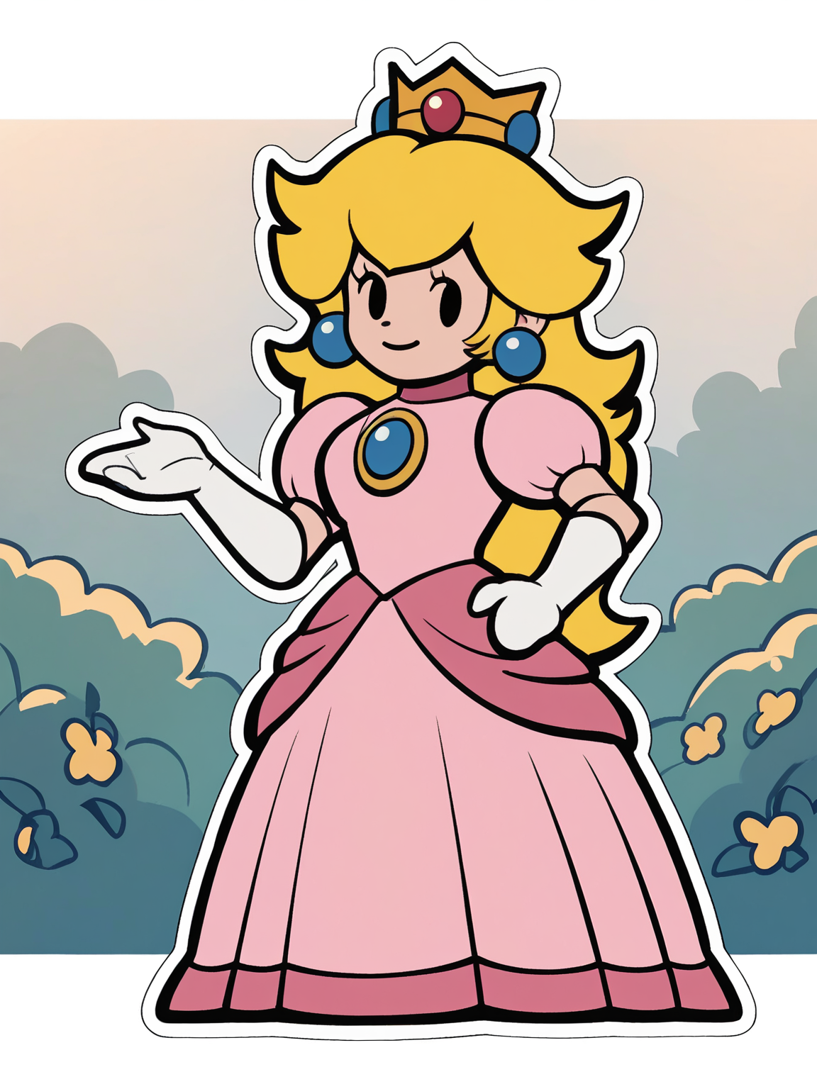 paperpeach, 1girl, blonde hair, dress, solo, crown, long hair, pink dress, jewelry, earrings, white gloves, full body, solid oval eyes, smile, outdoors, looking at viewer, hand on own hip,white outline, score_9, score_8_up, score_7_up, score_6_up, score_5_up, score_4_up <lora:PaperPeachPony1.0:1>
