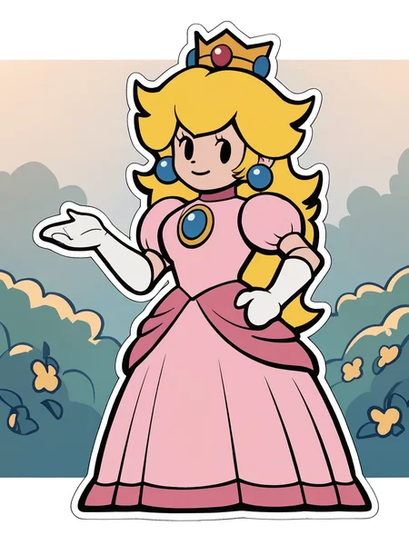 paperpeach, 1girl, blonde hair, dress, solo, crown, long hair, pink dress, jewelry, earrings, white gloves, full body, solid oval eyes, smile, outdoors, looking at viewer, hand on own hip,white outline, score_9, score_8_up, score_7_up, score_6_up, score_5_up, score_4_up <lora:PaperPeachPony1.0:1>