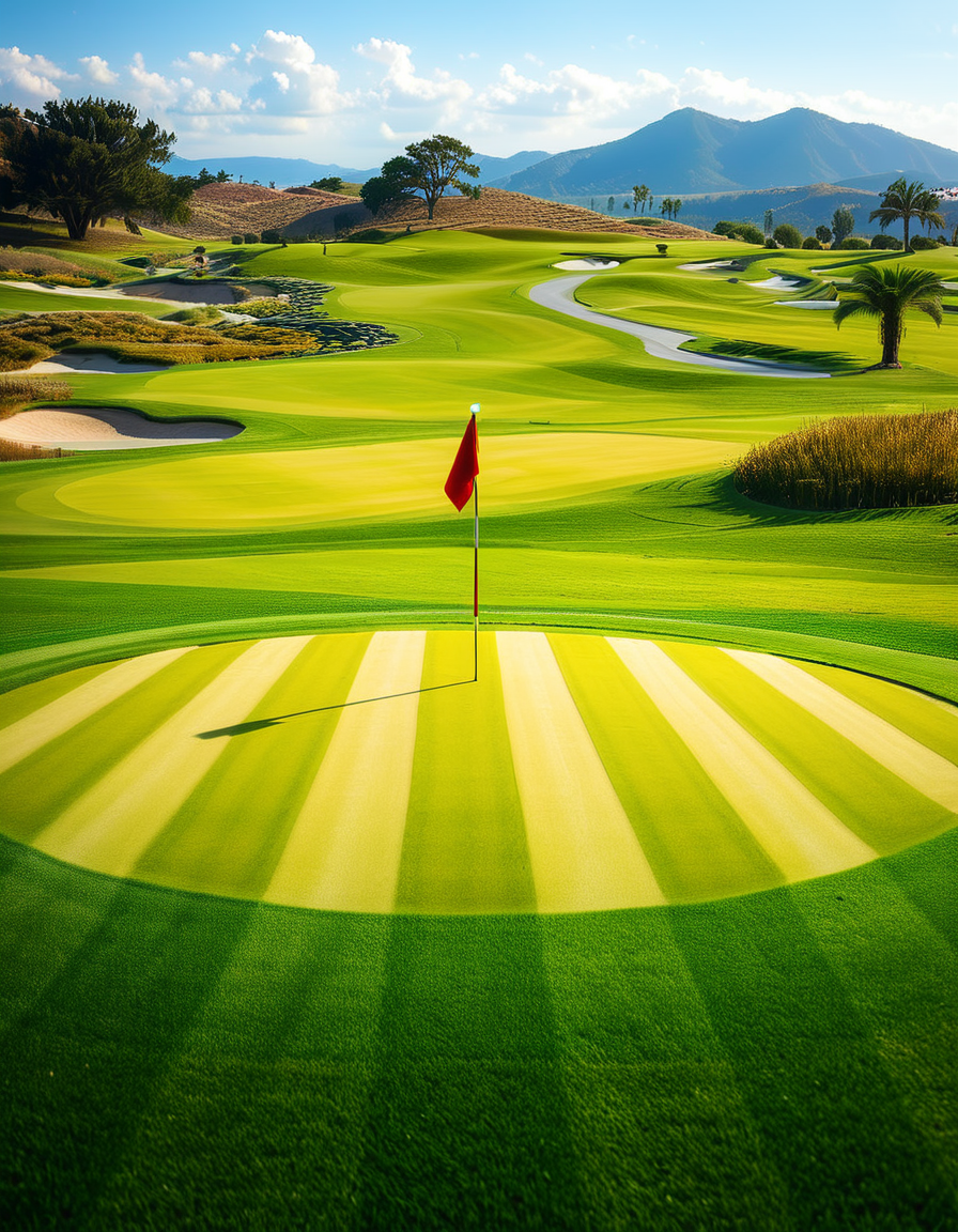 A stunning golf course captured in a high-resolution photograph, bathed in warm sunlight during the golden hour. The vast landscape features lush, perfectly manicured green fairways stretching into the distance, surrounded by rolling hills and scattered sand bunkers with smooth, raked surfaces. A crystal-clear water hazard reflects the sky, adding depth to the scenery. In the foreground, a pristine white golf ball rests on the neatly trimmed grass near a wooden tee marker. A red flag flutters gently atop a flagstick, marking the hole on the undulating green. Tall palm trees or majestic pines line the course, casting long shadows. The background showcases a breathtaking view of distant mountains or a serene blue ocean, enhancing the sense of tranquility and luxury. The sky is a brilliant shade of blue with soft, wispy clouds. The overall composition exudes elegance, precision, and the beauty of nature, capturing the essence of a world-class golf course.
<lora:SDXLFaeTastic2400:0.4> <lora:extremely_detailed:0.4> extremely detailed,<lora:golf_course:1>,golf c0urs3, Masterpiece,best quality,hi res,8k,hi res,8k,award winning,(sharp focus, intricate, highly detailed),