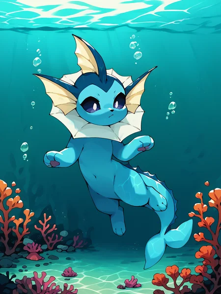 score_9, score_8_up, score_7_up, score_6_up, score_5_up, <lora:bkomadoriXLP:1> bkomadori, solo, vaporeon, underwater,
