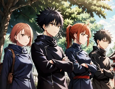 photograph cinematic photo,
jk3, jujutsu kaisen, multiple boys, panda, multiple girls, black hair, school uniform, crossed arms, black jacket, swept bangs, 2girls, outdoors, brown eyes, upper body, spiked hair, short hair, gakuran, long sleeves, closed mouth, 3boys, high collar, hood down, high ponytail, smile, glasses, facial mark, animal, tree, standing, hoodie, looking at another, day, 4boys, hair between eyes, 3girls, looking at viewer,
(((dutch angles:1.3))) <lora:Jujutsu-Kaisen:.7>, 50mm . cinematic 4k epic detailed 4k epic detailed photograph shot on kodak detailed cinematic hbo dark moody, 35mm photo, grainy, vignette, vintage, Kodachrome, Lomography, stained, highly detailed, found footage