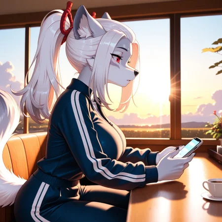 masterpiece, high quality, absurdres, newest, 2024, stabilized, amazing quality, 8K, perfect quality, best quality, absolutely eye-catching, ambient occlusion, raytracing, lazypos, highres, best quality, epic setting, extreme details, CG art, detailed texturing, movie setting, cinematic quality, very awa, amazing quality, perfect, detailed, 91d30n, Gideon, smooth quality, femininity, intimacy, seductiving,
Morning, cafe, inside, cozy, melancholy, window, summer, clouds, sun's rays, side view,
SH4kur0,1girl,solo,furry,furry female,wolf girl,white hair,long sidelocks,bangs pinned back,ponytail,red eyes,snout,animal nose,body fur,two-tone fur,grey fur,white fur,wolf tail,, large breasts, narrow waist, loose track suit, sitting behind table, coffe on table, holding smartphone,