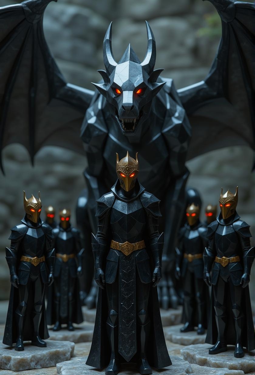 <lora:ck-polygon-gems-0019.safetensors:1> a crafted gemstone model in the style of cklg featuring a
In the heart of a dimly lit stone chamber, the air thick with the scent of ancient dust and the echo of forgotten prayers, nine warriors stand in solemn silence. Their armor, a deep, polished black, gleams with an almost supernatural luster, each plate and helm a testament to their unwavering resolve. The helmets, adorned with intricate gold filigree, cast long, dramatic shadows across their faces, leaving only the glint of determination in their eyes visible.
Before them, the massive skeletal form of a dragon looms, its bones so vast they seem to support the very vaults of the chamber. The dragon's eyes burn with a fiery red, a stark contrast to the dark, ancient stones that surround it. The glow from these eyes casts eerie, dancing reflections on the warriors' armor, intensifying the sense of awe and dread.
The depth of field is shallow, drawing the viewer's eye to the warriors' resolute stances. Their poses speak of both reverence and intimidation, a blend of respect and fear that is almost palpable. Behind them, the dragon and the vast stone architecture are slightly blurred, creating a dreamlike quality that enhances the scene's mythic grandeur.
The colors are bold and striking, with the black armor absorbing all light and the red eyes piercing through the darkness like beacons. The stones, a mix of deep grays and muted blues, add to the foreboding atmosphere, while the golden accents on the warriors' helmets and the dragon's skeletal structure create striking contrasts. This vivid interplay of colors transforms the scene, making it a powerful visual that lingers in the mind, a stark and unforgettable vision of bravery and the unknown.