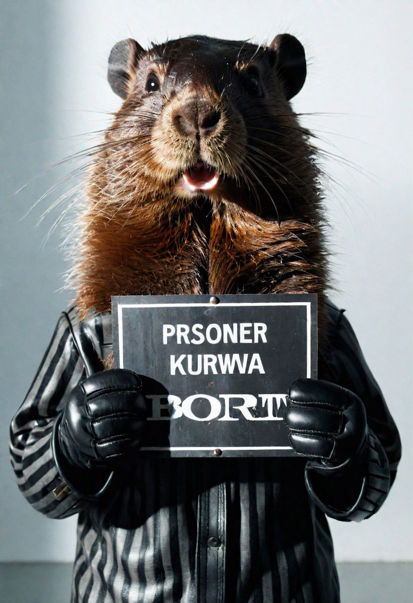 mugshot,close up, prisoner beaver holding mugshot sign with bold text "BOBR KURWA", leather gloves,cinematic light, perfect composition, reflections on surface, 4k leather texture, mugshot white background